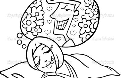 Black and White Cartoon Illustration of Cute Funny Woman in Love Dreaming about a Man
